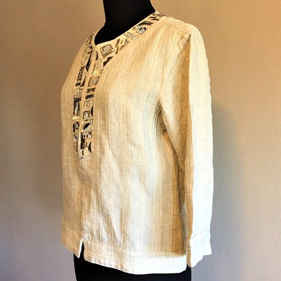 CHICO'S Tan Linen Jacket Top with Embellishments - Picture 5 of 12
